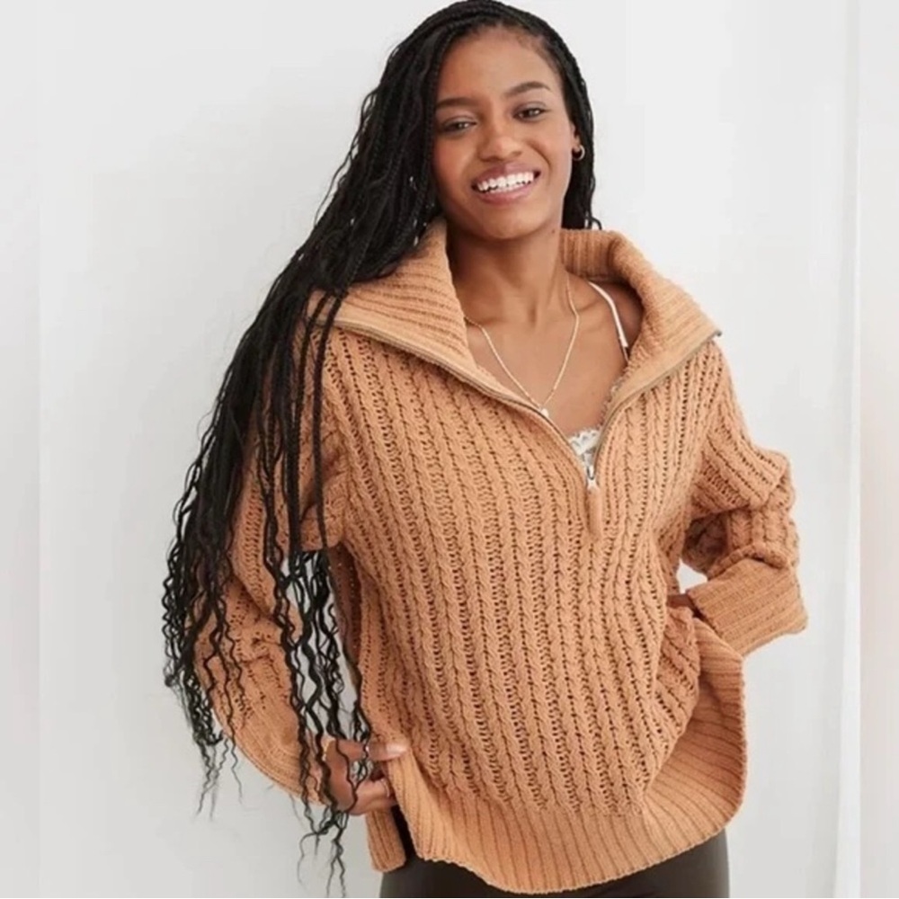 Aerie Cable Car Quarter Zip Plush Sweater Sweatshirt, Oversized Small